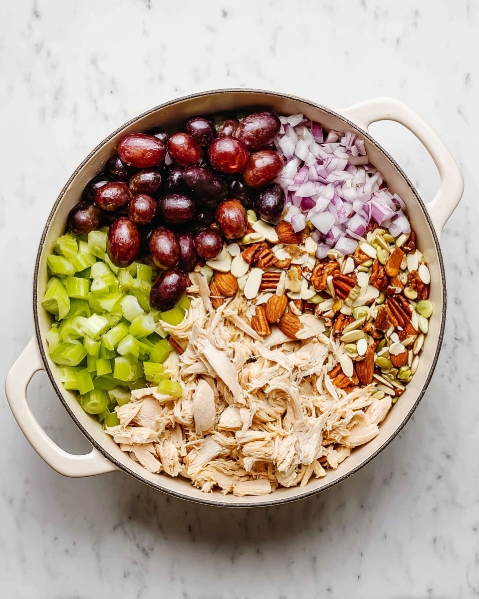 A white round bowl with two handles holds five distinct sections: in the bottom half, there are shredded light beige cooked chicken pieces with a slight golden brown on some edges; continuing clockwise, finely chopped purple onions occupy a small quarter at the top right; next to them in the upper right is a quarter section of small, bright green diced celery; to the left of that, dark purple halved grapes with white interiors are packed; in the center, a pile of mixed whole and sliced almonds and seeds rests, with white to brown hues. The bowl is placed on a white marbled surface. photo taken with an iphone --ar 4:5 --v 7