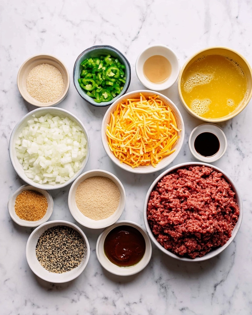 On a white marbled surface, there are several small white bowls arranged neatly holding different ingredients. In the front right is a bowl filled with raw ground meat, dark red and textured. To the left of it is a bowl with chopped white onions showing small pieces. Above the onions is a bowl with shredded orange cheese. Next to the cheese is a yellow bowl with a liquid, likely egg, showing some bubbles on the surface. Above the liquid bowl is a smaller bowl with chopped green peppers. Surrounding these main bowls are various smaller white bowls, each holding different powders and sauces: one with a light brown powder resembling breadcrumbs, one with a golden brown powder, one with a pale beige powder, one with a dark liquid, one with a glossy dark red sauce, one with a yellow mustard-like sauce, and another with a black and white pepper mix. Lastly, there is a white bowl with a white liquid, likely milk or cream. The colors range from white and beige to green, orange, red, and yellow, creating a vibrant layout of ingredients. Photo taken with an iphone --ar 4:5 --v 7