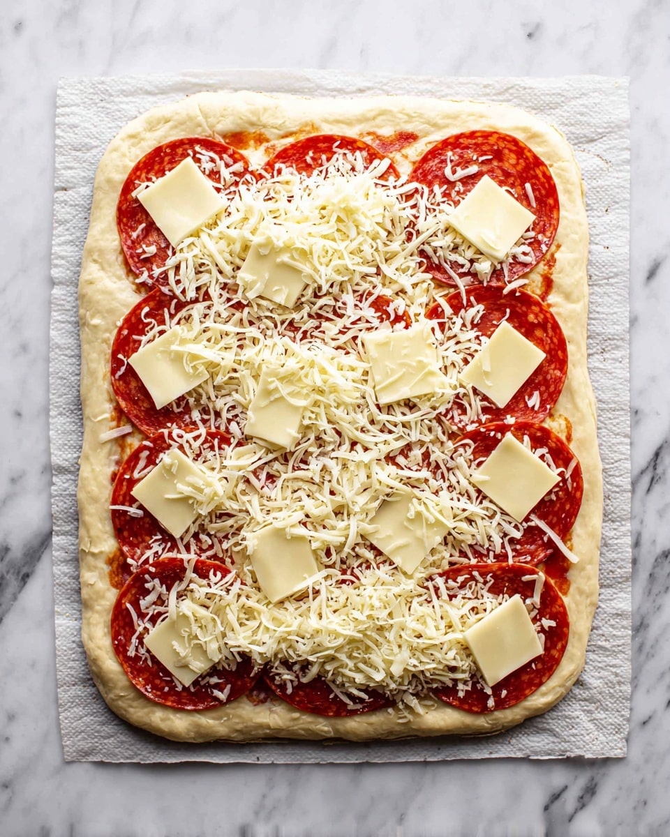 A rectangular pizza dough topped with a border of light golden dough edge, with the main topping area covered in several overlapping slices of red pepperoni. On top of the pepperoni is a layer of pale yellow square cheese slices spread evenly, followed by a loose, uneven layer of shredded white mozzarella cheese scattered across the top. The pizza rests on a cloth-covered surface placed on a white marbled background. photo taken with an iphone --ar 4:5 --v 7