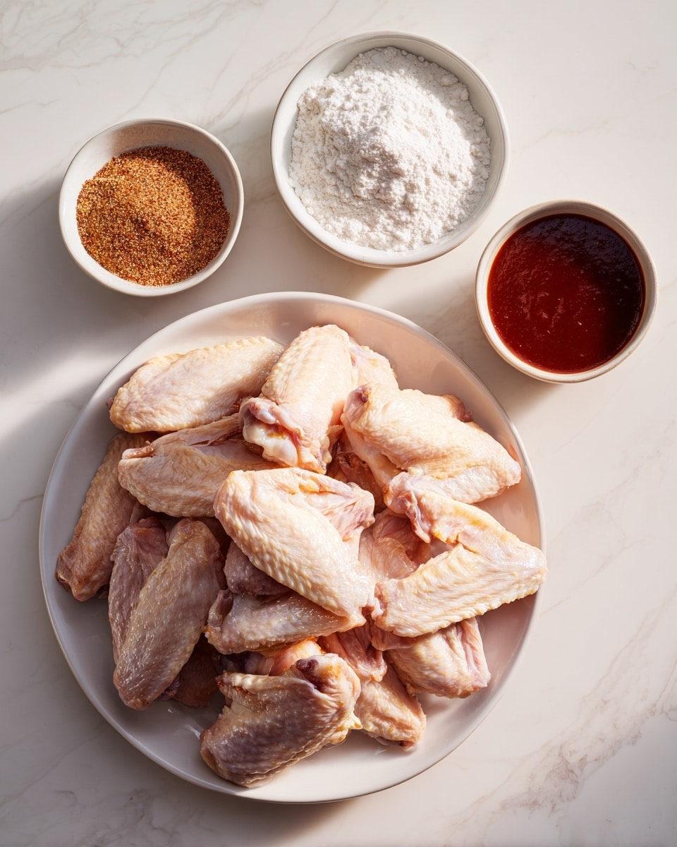 A large white plate is filled with many raw chicken wings piled up, showing their pale pink and light skin texture with some moisture shine. Above the plate, three small white bowls sit on a white marbled surface: one bowl holds a mound of white baking powder with a fine texture, the second contains a dry rub mix that is brown with specks of darker and lighter shades suggesting spices, and the third bowl is filled with smooth, rich, dark red BBQ sauce that has a slightly shiny surface. photo taken with an iphone --ar 4:5 --v 7