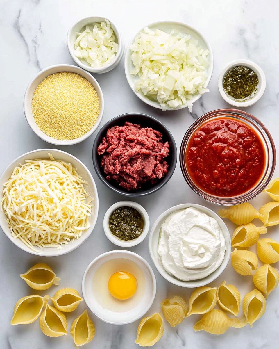 The image shows a white marbled surface with several small bowls and plates arranged neatly, each containing different ingredients for cooking. At the bottom left, there is a white plate full of shredded pale yellow cheese. Next to it, a black bowl holds raw ground beef in a deep red color. Above that, there is a white bowl filled with golden-yellow panko breadcrumbs. To the right, a round clear glass bowl contains thick red marinara sauce. Next to it, a white bowl holds smooth white ricotta cheese with a slightly textured swirl. Above that, a white bowl contains finely chopped white onions. Near the top center, there is a small white bowl with a bright yellow egg yolk. Surrounding these larger bowls are smaller containers: one holds minced light yellow garlic, two have mixed dry herbs in green and brown shades, one holds green pesto sauce, one has a small amount of olive oil in a light yellow tint, another contains bright red tomato paste, and one has salt and pepper mixture. Scattered around the bowls are yellow uncooked shell pasta pieces. photo taken with an iphone --ar 4:5 --v 7