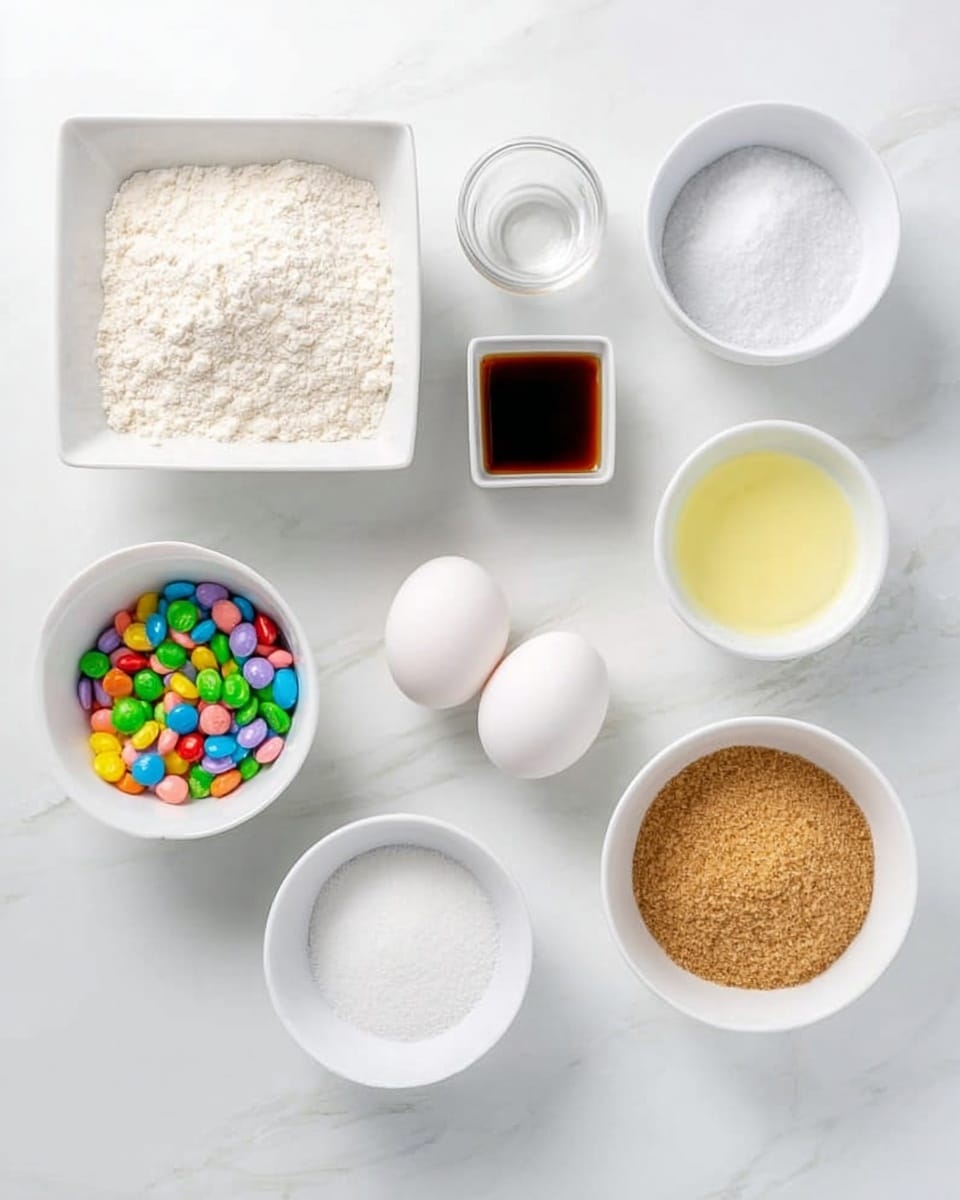 The image shows eight white bowls and two white eggs arranged on a white marbled surface. Starting from the top left, there is a square bowl filled with white flour, next to it on the right is a small round bowl with white powder, and a small square bowl with a dark brown liquid, likely vanilla extract. To the right of that is a round bowl with a light yellow liquid. Below the square flour bowl is a round bowl filled with multicolored candy pieces. Centered below are two white eggs, and to their right is a round bowl filled with white granulated sugar. Finally, on the far right is a round bowl with light brown packed brown sugar. The layout is neat, and the bowls are evenly spaced. photo taken with an iphone --ar 4:5 --v 7