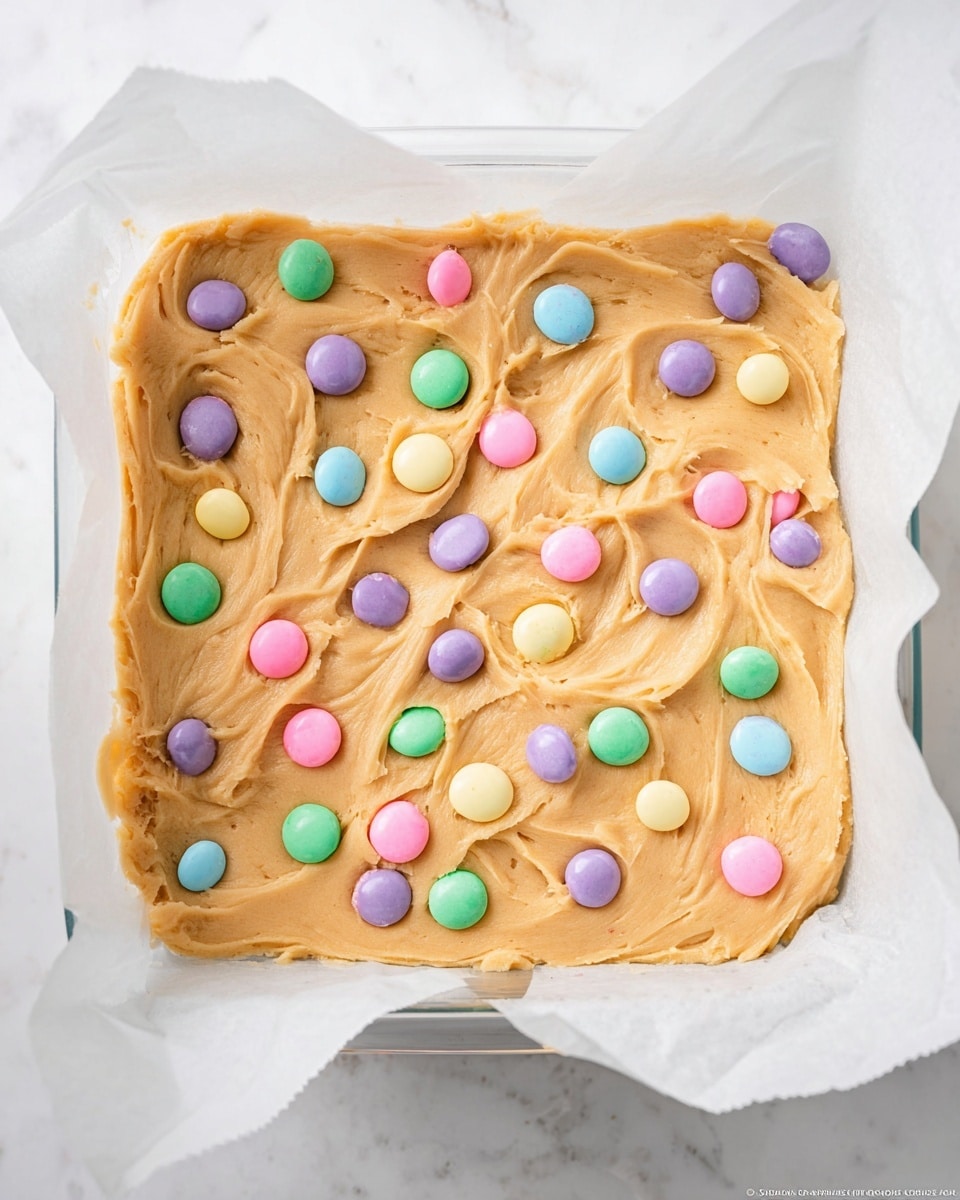 The image shows one layer of light brown cookie dough spread unevenly inside a white parchment paper-lined clear square baking dish. Scattered across the top of the dough are pastel-colored candy-coated chocolates in soft shades of pink, purple, green, yellow, and blue. The dough has a smooth but slightly textured look, with soft peaks and swirls. The dish is placed on a white marbled surface, giving a clean and bright background. photo taken with an iphone --ar 4:5 --v 7