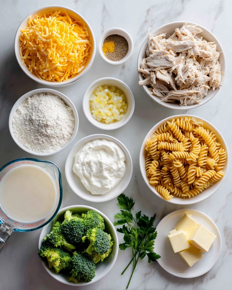 The image shows several small white bowls and plates with ingredients arranged neatly on a white marbled surface. Starting from the top left, there is a white bowl filled with shredded yellow-orange cheese. Beside it to the right, a small white bowl contains brown Italian seasoning. Below the seasoning, another small white bowl has chopped light yellow garlic. To the right of garlic, a bigger white bowl holds shredded cooked chicken with white and light brown tones. Next to the chicken is a white bowl filled with spiral pasta in a light orange color. Below the pasta, a small white bowl contains white cream cheese with a creamy texture. To the left of the cream cheese is a clear measuring cup filled with a pale liquid labeled half & half. At the bottom left corner, a white bowl contains a heaping of white flour. Above the flour, there is a white bowl with bright green broccoli florets. Near the broccoli, a small dark bowl holds light yellow mustard powder. Above mustard powder, a white plate has three small pale yellow butter pats with a bunch of fresh green parsley next to it. To the left of the butter plate, a clear jar with white heavy cream is also visible. The arrangement is clean and colorful, all placed carefully on a white marbled surface. photo taken with an iphone --ar 4:5 --v 7