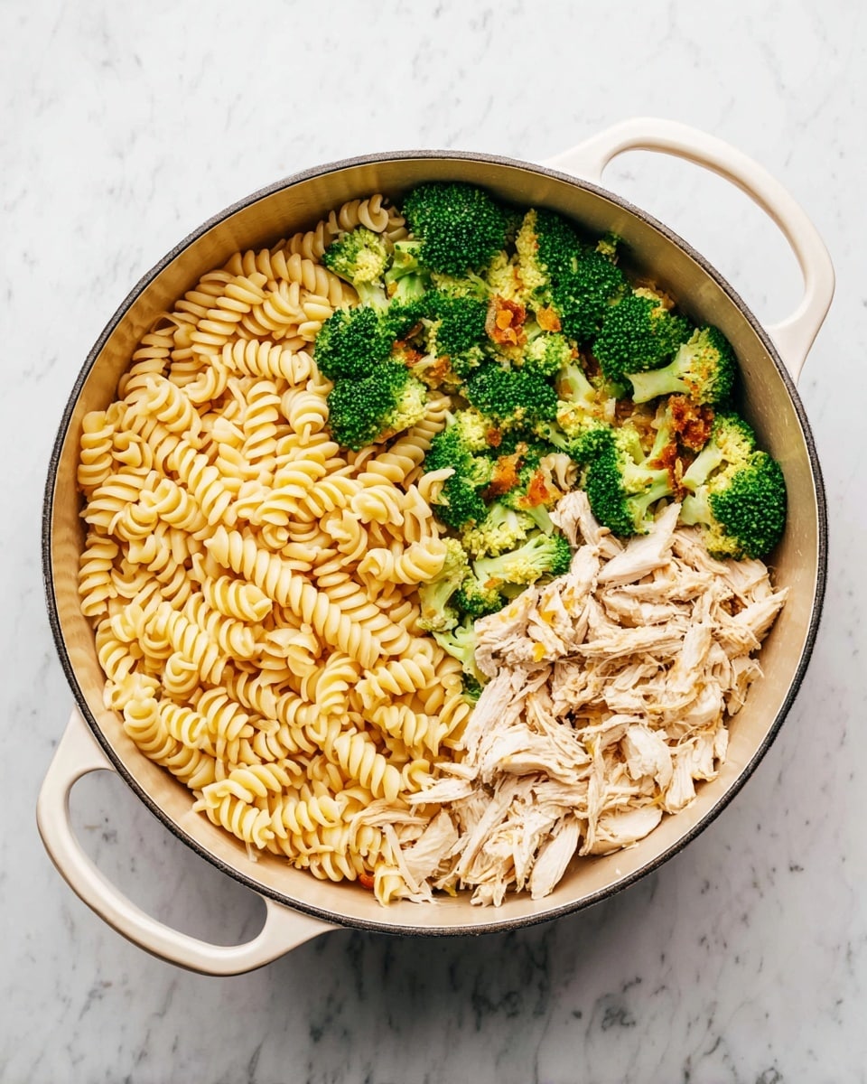A round white pot with two handles holds a dish divided into three main parts: a large portion of pale yellow spiral pasta filling most of the pot, bright green broccoli florets scattered evenly on top of the pasta, and shredded light brown cooked chicken pieces with some orange bits clustered together on one side. The pot is placed on a white marbled surface. photo taken with an iphone --ar 4:5 --v 7