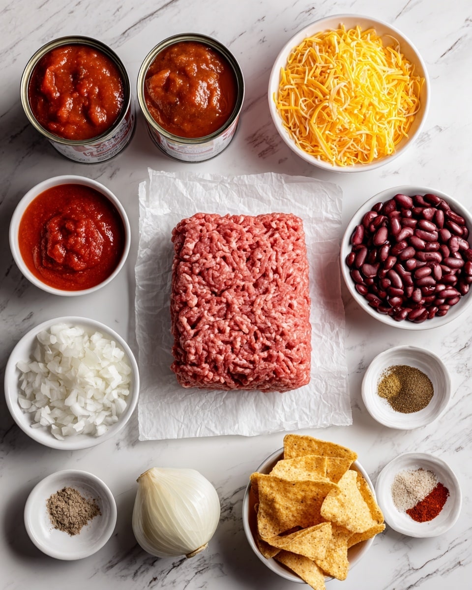 The image shows a collection of ingredients laid out on a white marbled surface. At the center is a rectangular block of raw ground beef placed on white parchment paper. To the left, there are two open cans with chunky Rotel tomatoes and smooth tomato sauce, and a small white bowl with a thick dollop of tomato paste. Surrounding the beef, several white bowls hold different ingredients: bright yellow shredded cheese at the top, dark red kidney beans to the right, finely chopped white onion below the beans, and light brown corn chips labeled Fritos at the bottom right. Nearby, two small bowls contain spices with various brown and red powders, and finely chopped garlic, both in light-colored bowls. Everything is neatly arranged, with clear labels next to each ingredient. Photo taken with an iphone --ar 4:5 --v 7