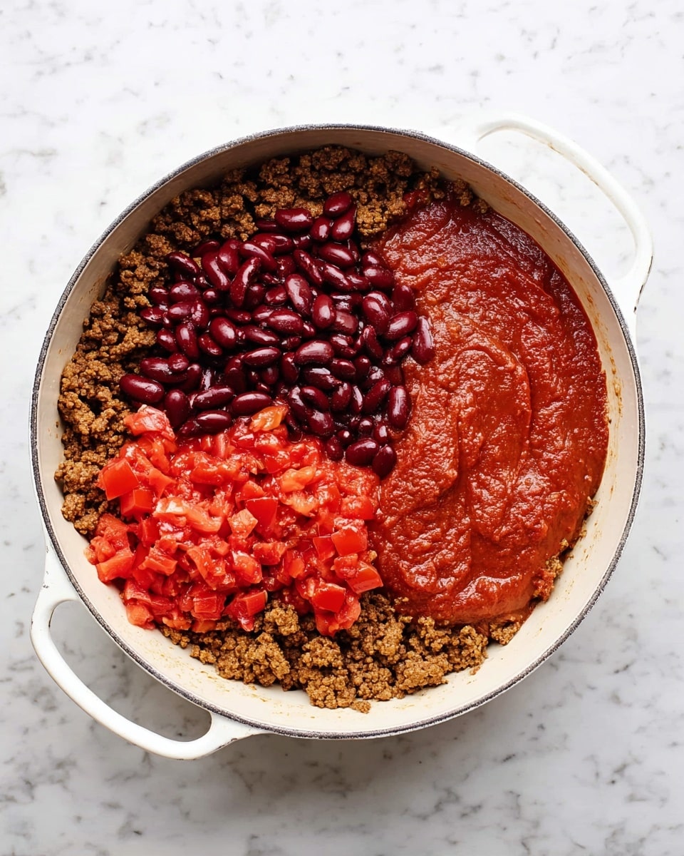 A white large pot with two side handles sits on a white marbled surface. Inside, the base layer is browned ground meat, spread evenly across the bottom. On top of this base, there are three distinct piles: shiny dark red kidney beans on the upper left, chunky bright red diced tomatoes in the lower center, and thick smooth red tomato sauce to the right. The meat has a textured, crumbly look, while the beans are smooth and glossy. The tomato pieces are irregular in shape, adding a rough texture, and the sauce has a velvety surface, mixing slightly with the meat around its edges. photo taken with an iphone --ar 4:5 --v 7