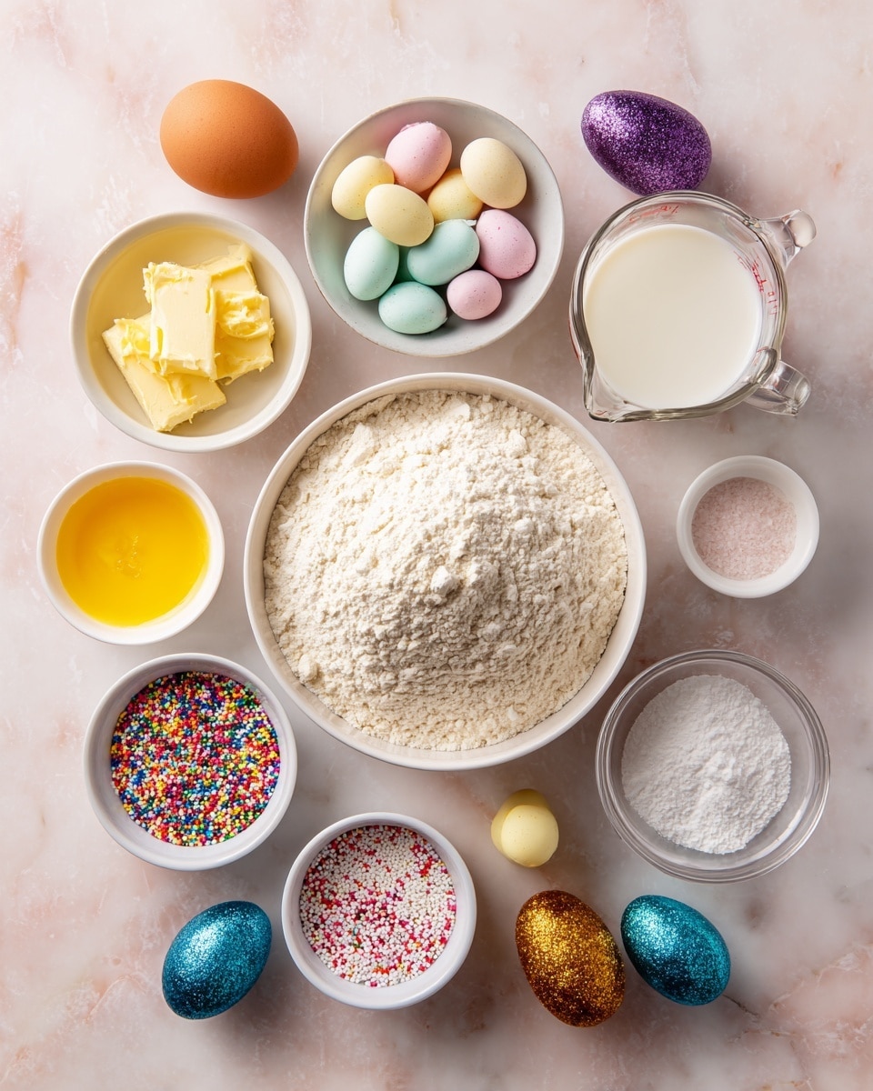 A top view of different baking ingredients arranged on a white marbled surface, including a large white bowl filled with white all-purpose flour at the center, a smaller white bowl with white confectioners sugar placed below and slightly right, a small bowl holding a brown egg above the flour, a clear glass measuring cup filled with milk to the right of the egg, a small white bowl with pastel yellow, white, pink, and blue mini eggs below the milk, a small white bowl with melted yellow butter to the left of the flour, a small white bowl with colorful Easter sprinkles below the butter, a small white bowl with white sugar placed below the sprinkles, a tiny bowl with white baking powder to the bottom right of the confectioners sugar, and a small bowl with light pink salt next to baking powder; three small bottles of colored food dye in yellow, blue, and red at the bottom left, two glittery Easter eggs in gold and purple near the edges, all arranged neatly on a pale pink background; photo taken with an iphone --ar 4:5 --v 7