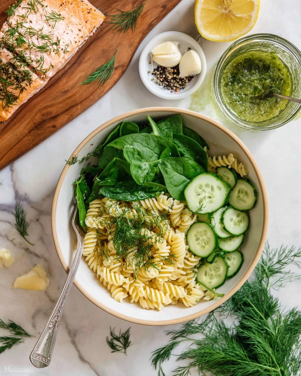 A white bowl with a beige rim contains three clear layers: a base layer of light yellow cooked spiral pasta sprinkled with fresh green dill, a middle layer of bright green spinach leaves on the left side, and a top layer of evenly sliced cucumber rounds on the right side of the bowl. A silver spoon rests inside the bowl on the left edge. The bowl is placed on a white marbled surface with scattered fresh dill and spinach leaves nearby. In the background on the upper side, there is a wooden board with a glass bowl of green sauce, a small white dish with cracked black pepper, a halved lemon, and two garlic cloves. To the left, a white plate holds a cooked piece of salmon with herbs, and cucumber slices are seen near the bottom left corner. Photo taken with an iphone --ar 4:5 --v 7