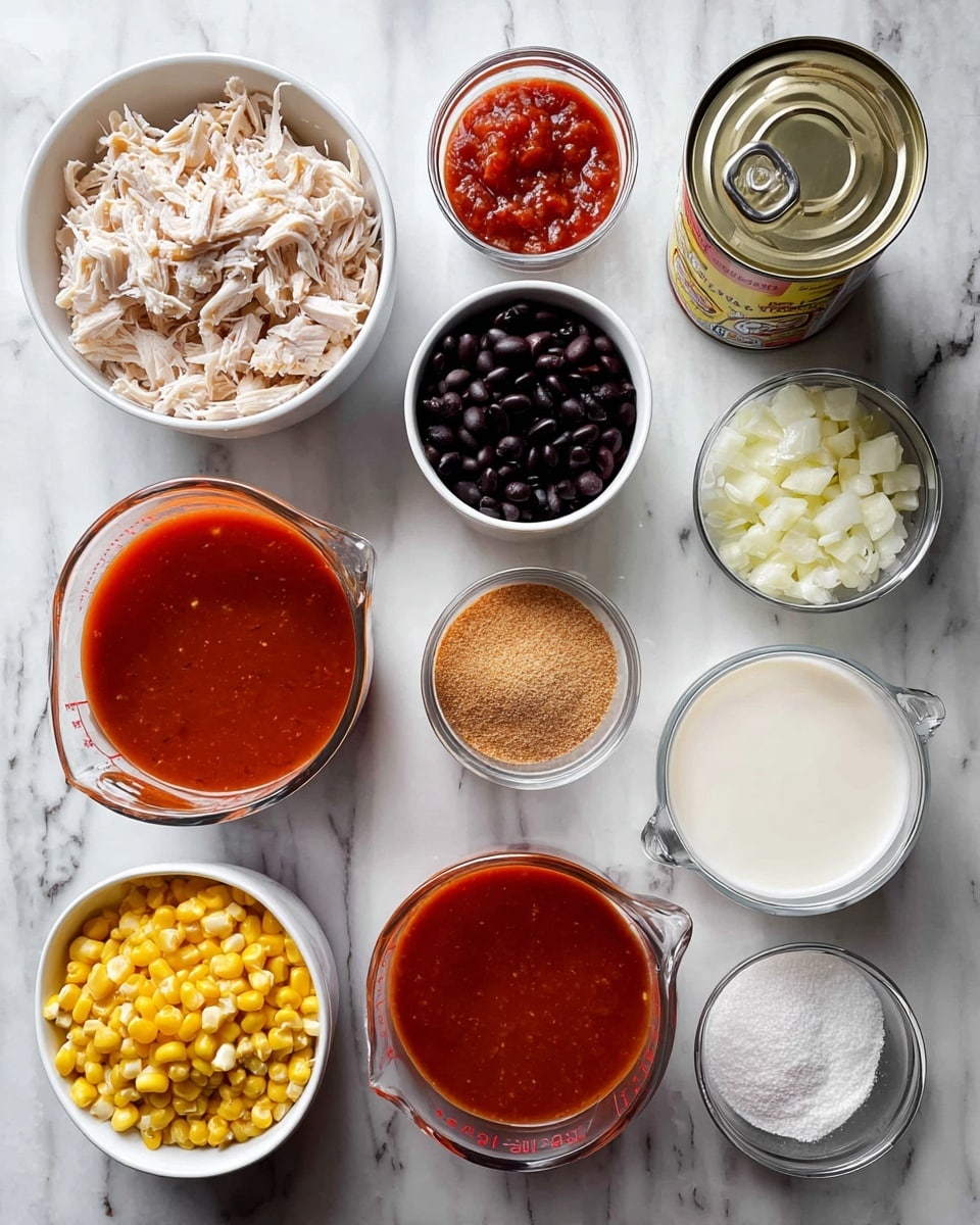 The image shows several small white bowls and glass measuring cups arranged on a white marbled surface. The bowls contain different ingredients: one with shredded pale chicken pieces, one with bright yellow corn kernels, one with black beans, one with finely chopped white onions, one with chopped white garlic, one with a red paste, and another with a light brown powder. There are two glass measuring cups, one filled with a smooth red sauce and the other with a white creamy liquid. Also visible are two opened cans, one with tomato pieces and the other with a bright red sauce. The colors contrast well with the white bowls and marbled background, creating a neat and organized look. photo taken with an iphone --ar 4:5 --v 7