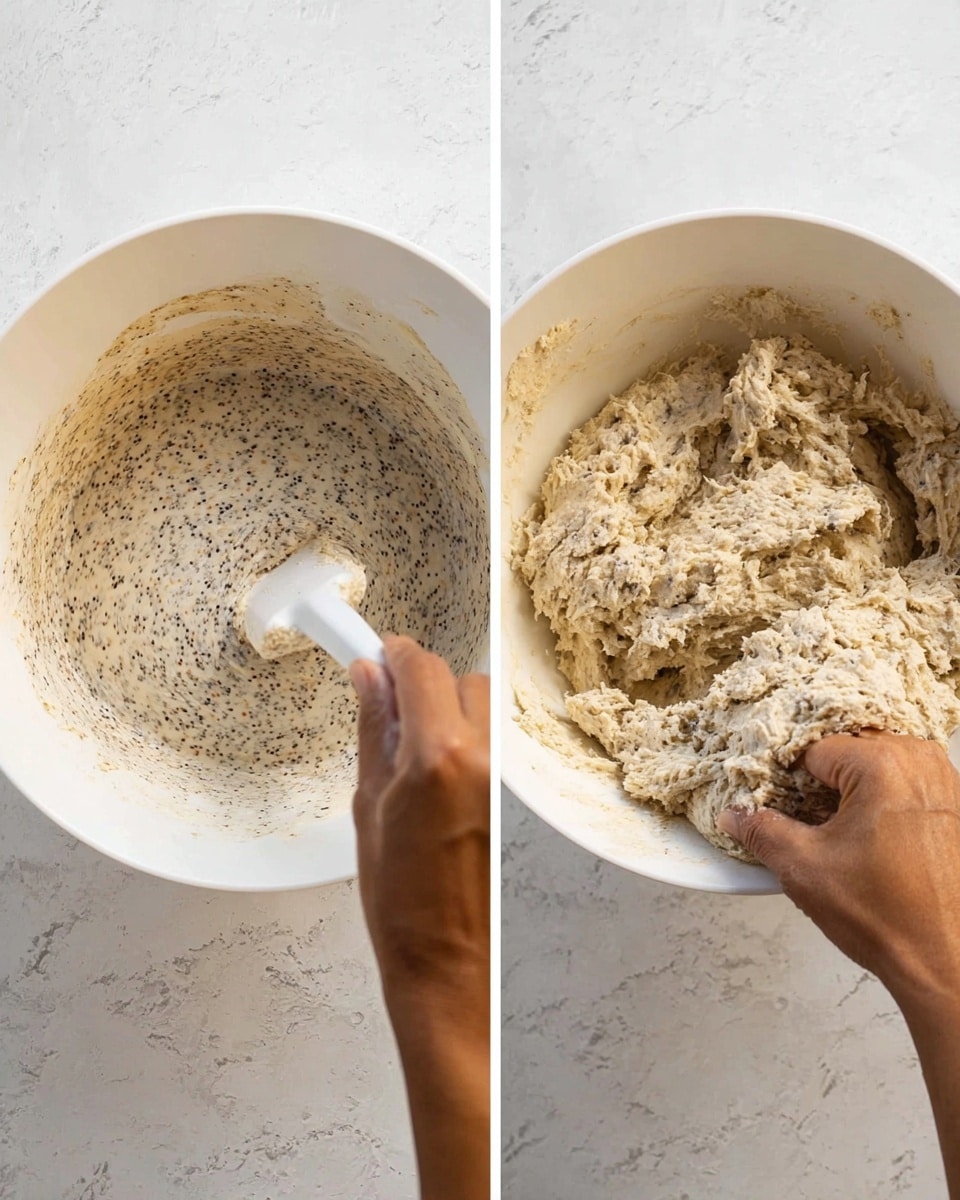Two side-by-side images show a white bowl on a white marbled surface with dough being mixed inside. In the left image, a woman's hand holds a white-handled tool that is stirring a wet dough mixture, which is light beige with many tiny dark seeds spread through a semi-clear liquid, making the surface look shiny and a little lumpy. In the right image, a woman's hand is pushing down on a dense, thick, rough dough that is clumpy and pale beige, filling most of the bowl. Both images focus on the bowl and the mixing process. Photo taken with an iphone --ar 4:5 --v 7