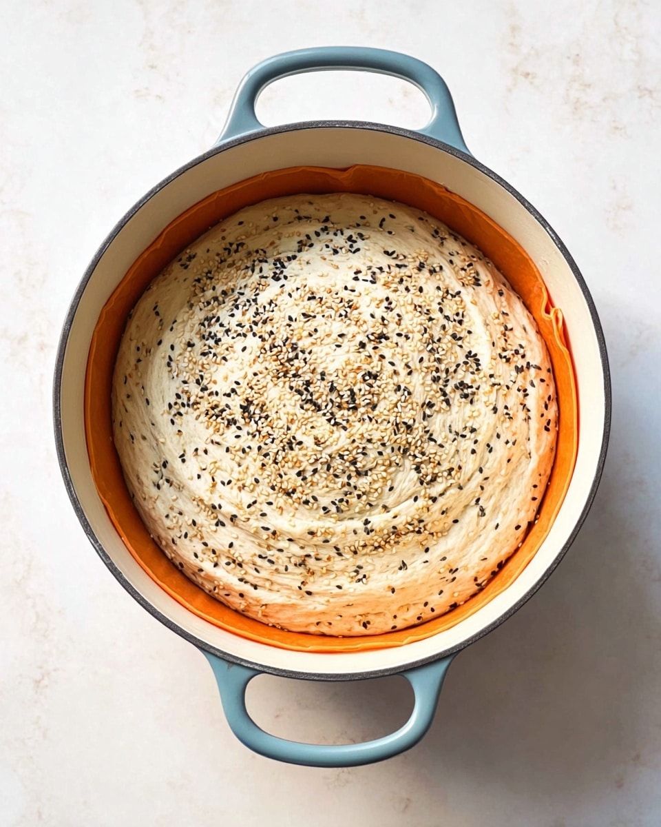 A round dough ball covered with a mix of light-colored and black sesame seeds sits inside a white pot with blue handles. The dough has a creamy off-white color with swirled textures and small specks of sesame on top. The pot rests on a white marbled surface, showing some natural light and soft shadows. The orange silicone handle protectors peek out from under the dough on opposite sides. photo taken with an iphone --ar 4:5 --v 7