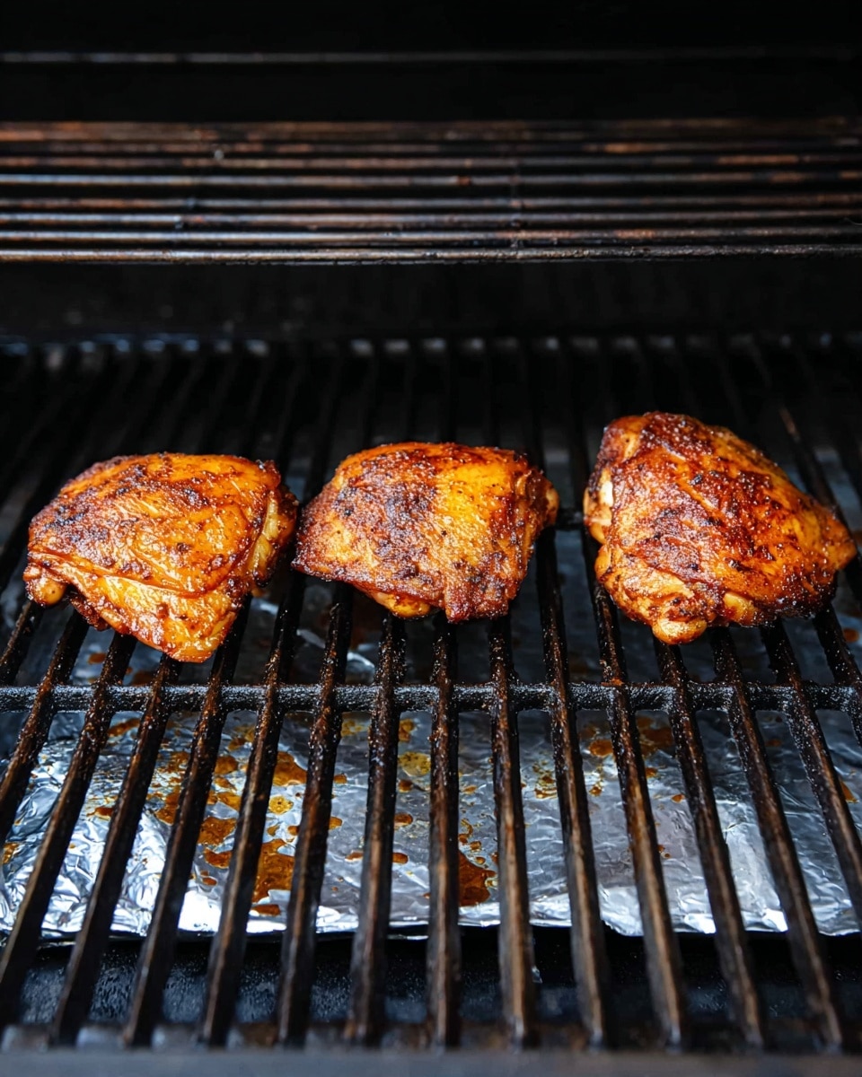 Three pieces of grilled chicken thighs with crispy browned skin sit spaced evenly on a black grill grate with a silver foil sheet underneath, showing some dark caramel spots and slight grease marks. The chicken has a deep orange-brown color with a textured, seasoned surface. The background shows the dark inside of the grill with visible bars and some charred bits. photo taken with an iphone --ar 4:5 --v 7