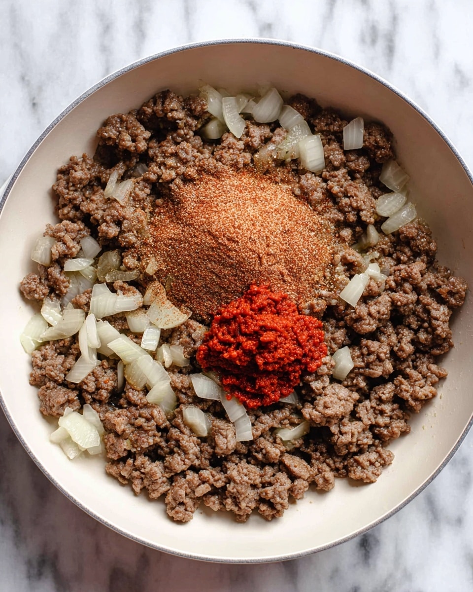 A white pan filled with cooked browned ground meat mixed with soft translucent diced onions. In the center on top of the mixture, there is a mound of reddish brown seasoning powder and a small heap of bright red paste. The pan is placed on a surface with a white marbled texture. photo taken with an iphone --ar 4:5 --v 7