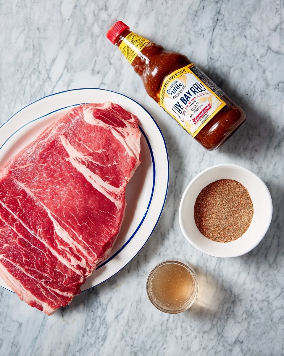 A large piece of red raw meat with white fat lines rests on a white plate with a blue rim, placed on a white marbled surface. Next to the plate, there is a small clear glass filled with light brown liquid, a small white bowl containing coarse brown seasoning, and a tilted bottle of Sweet Baby Ray's barbecue sauce with a white label showing red and yellow text. The composition is simple and clean, with the items spaced evenly on the white marbled background photo taken with an iphone --ar 4:5 --v 7