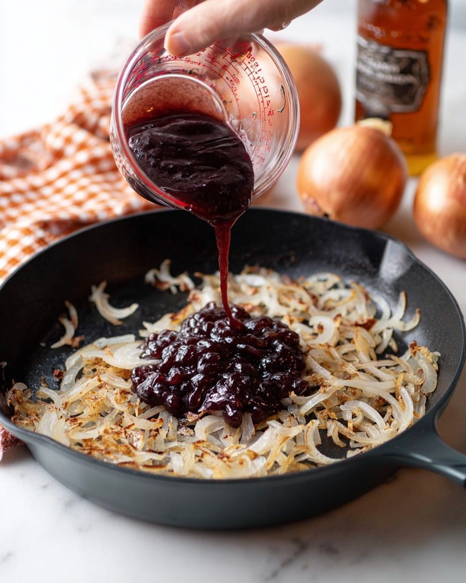 In a black pan placed on a white marbled surface, thinly sliced onions are golden brown and spread evenly, showing some crispy edges and scattered small bits. Over the onions, a woman's hand pours a thick, dark purple sauce from a clear Pyrex measuring cup, the sauce thick and shiny, slowly falling onto the center of the onions. In the background, an orange and white checkered towel lays flat, with a bottle of amber liquid and two whole onions sitting nearby. The scene is bright and clear, emphasizing the rich colors and textures. photo taken with an iphone --ar 4:5 --v 7