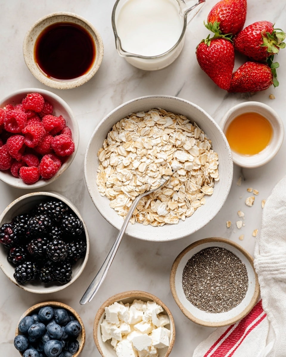 A top-down view of a white bowl filled with dry light beige rolled oats with a gray spoon resting inside, surrounded by small bowls holding fresh blueberries, blackberries, red raspberries, sliced almonds, chia seeds, white cottage cheese with a silver spoon, a small cup of dark vanilla extract, a small cup of light brown honey and a glass pitcher of white milk, all placed on a white marbled surface with three bright red strawberries on the top right side and a white cloth with red stripes near the blueberries photo taken with an iphone --ar 4:5 --v 7