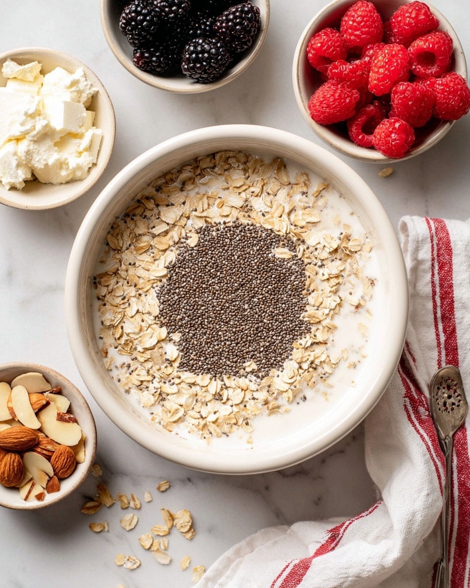 A white bowl with a liquid base fills the bottom layer, topped with a round layer of light brown rolled oats. In the center, a circular layer of small, dark chia seeds creates contrast. Around the bowl, there are small bowls with bright red raspberries, light beige sliced almonds, dry oats, creamy white cottage cheese, and dark blackberries, all set on a white marbled surface. A white cloth with red stripes lies to the right side. Photo taken with an iphone --ar 4:5 --v 7