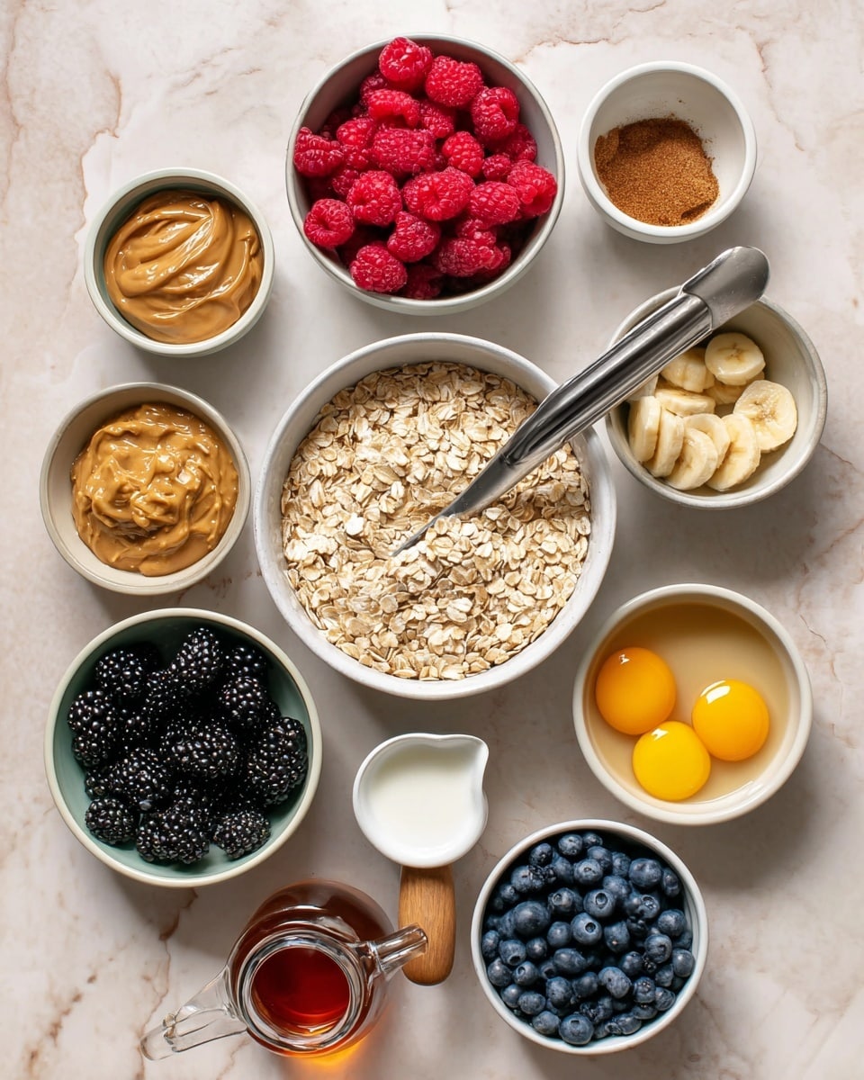 The image shows several white bowls and a glass jug arranged on a white marbled surface. In the center, a large white bowl is filled with light brown rolled oats, with a metal scoop resting inside. Above it, a white bowl holds bright red raspberries. To the left, a white bowl with smooth light brown peanut butter and a small white bowl with salt are seen. Below the oats bowl, blackberries fill a white bowl, and a smaller white bowl holds mashed bananas with a mushy texture. To the right of the oats, a bowl contains dark blue blueberries, next to a bowl with two cracked raw eggs showing bright yellow yolks. A small glass jug with a wooden handle holds dark amber syrup, and at the bottom left, a small glass jug is filled with white milk. Another tiny bowl contains brown cinnamon powder. The setup is neat, colorful, and ready for mixing ingredients. Photo taken with an iphone --ar 4:5 --v 7