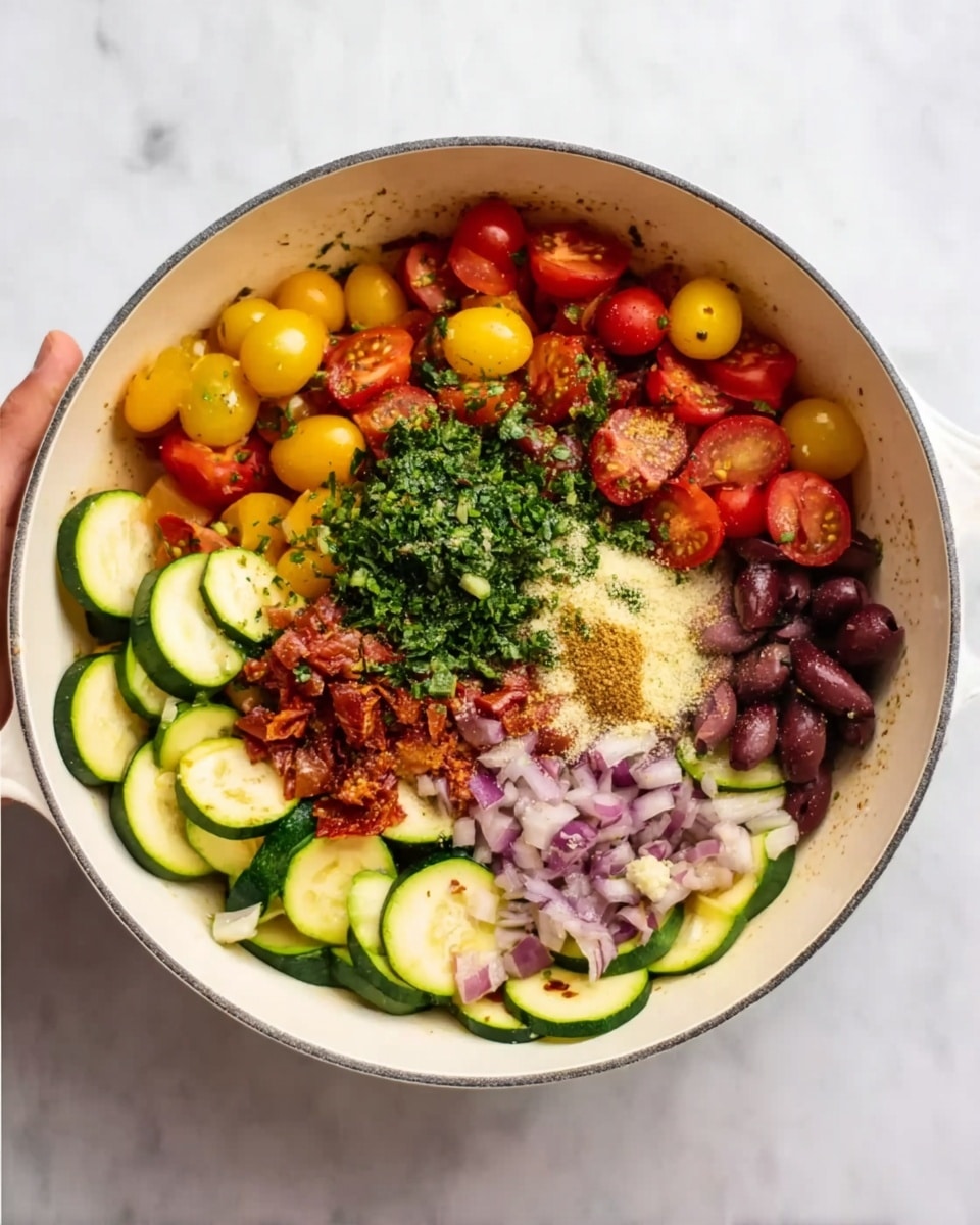 The image shows a white bowl filled with various fresh ingredients neatly layered in separate sections. There are bright red and yellow cherry tomatoes on one side, with a mound of chopped green herbs next to them. Sliced zucchini with green edges and pale centers is placed around the bowl, along with pieces of red onion and chopped sun-dried tomatoes. There is a small pile of finely chopped garlic and another pile of ground spices, beige in color. A cluster of dark purple chopped olives is also present. The bowl sits on a white marbled surface. A woman's hand is seen holding the bowl from the side. Photo taken with an iphone --ar 4:5 --v 7