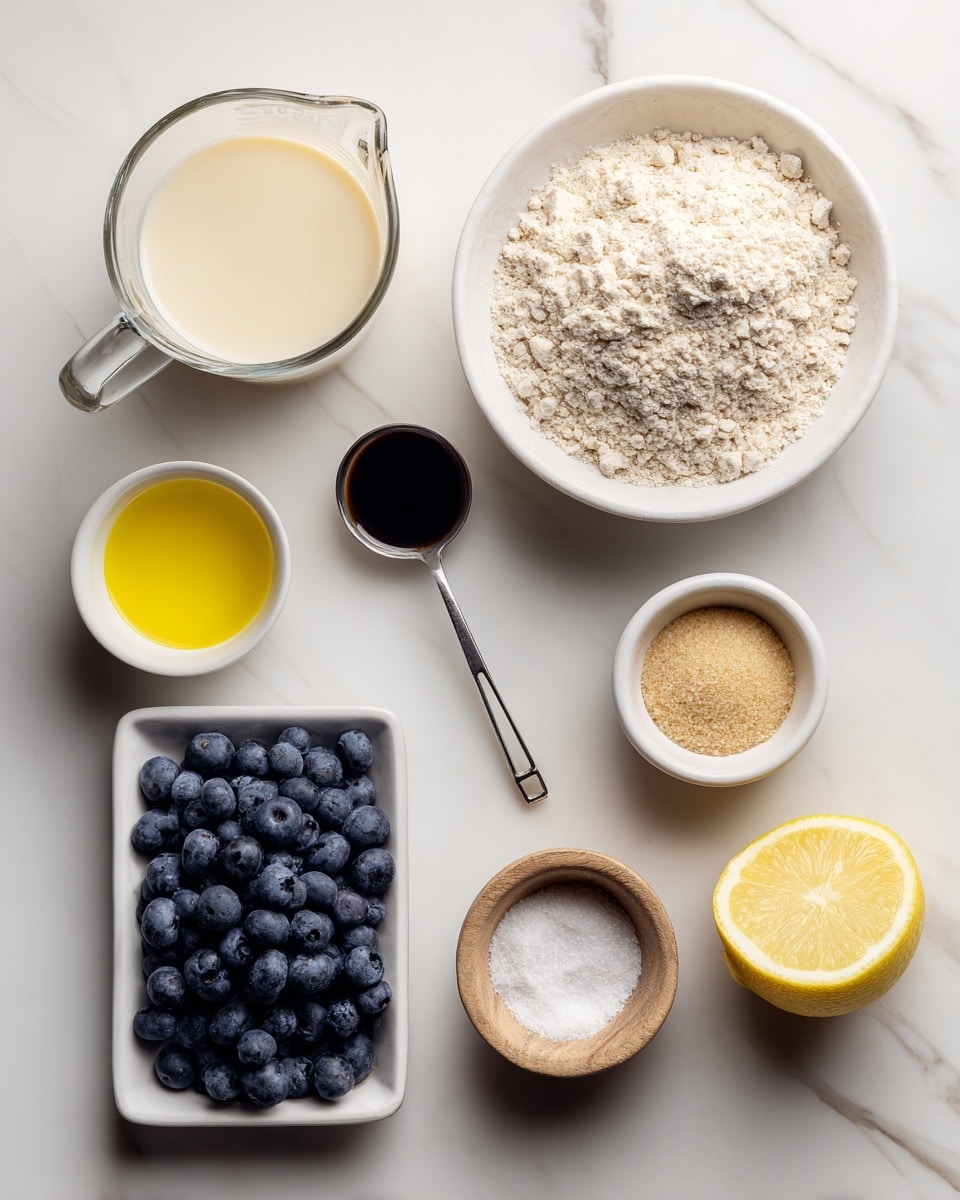 The image shows seven ingredients neatly arranged on a white marbled surface. In the top left is a clear glass measuring cup filled with a pale liquid, likely milk or cream. To its right is a white bowl filled with white powder, probably flour. Below the cup is a metal measuring spoon holding a small amount of dark liquid, possibly vanilla extract. Next to it is a small white bowl of light brown sugar. To the right of the sugar is a half lemon showing bright yellow flesh. Below the lemon is a white rectangular dish filled with fresh blueberries, dark blue with a slight sheen. To the left, in a small white bowl, is yellow melted butter, and near it is a small wooden bowl with a white powder, maybe baking powder. The setup is clean and organized, with all items clearly visible on the white marbled background. photo taken with an iphone --ar 4:5 --v 7