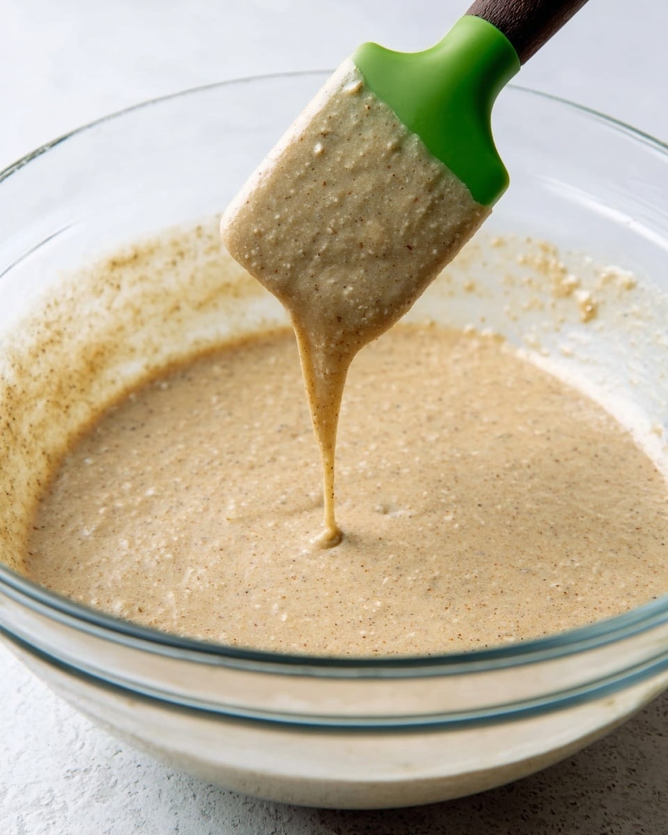 A clear glass bowl sits on a white marbled texture surface filled with thick, light brown batter that has small grainy bits throughout. A green spatula is held above the bowl by its dark handle, dripping the smooth, slightly textured batter back into the bowl. The batter clings to the spatula, showing its creamy yet grainy consistency, with some splatter marks visible on the inner surface of the bowl. The scene is bright and clean, focusing closely on the mixing process photo taken with an iphone --ar 4:5 --v 7