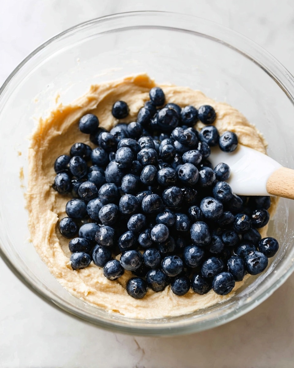 A clear glass bowl holds two layers: a thick, creamy, pale beige batter on the bottom and a pile of shiny, deep blue blueberries scattered on top. A white spatula with a wooden handle is partly visible at the edge, gently touching the batter near the bowl’s rim. The whole scene is set against a white marbled texture. photo taken with an iphone --ar 4:5 --v 7