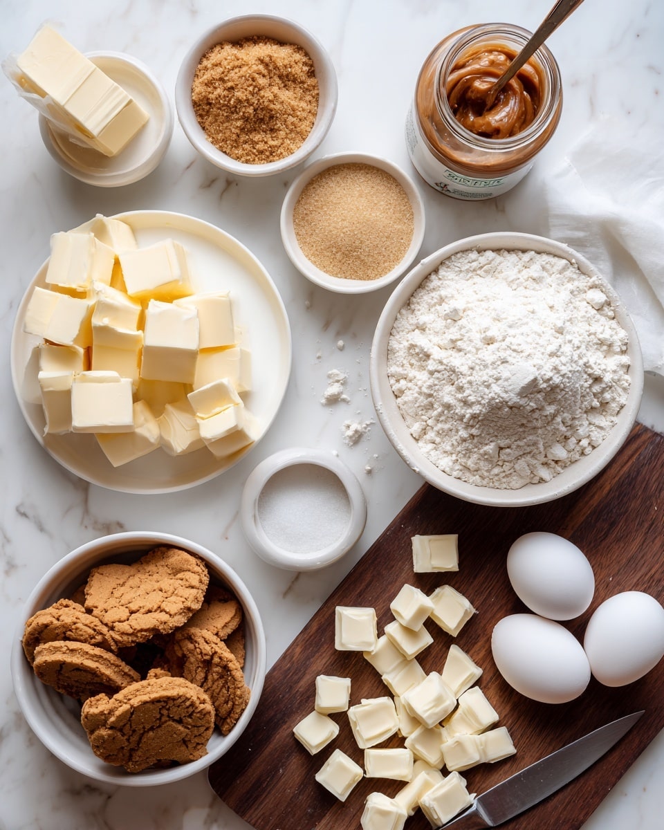 The image shows a white marbled surface with various baking ingredients arranged neatly. There is a white plate with cubes of butter on the lower left, a small white bowl with soft light brown sugar next to it, and a small white bowl of vanilla. Above these is a small white bowl of salt, a jar of biscoff spread with a spoon in it, and a white plate filled with flour. In the center, a white bowl holds broken biscoff biscuits. To the right, on a dark wooden cutting board, are chopped white chocolate pieces with a knife placed beside them. At the upper right side, a white bowl holds two cracked eggs, next to a small pile of eggshells. Everything is set on a white marbled background. Photo taken with an iphone --ar 4:5 --v 7