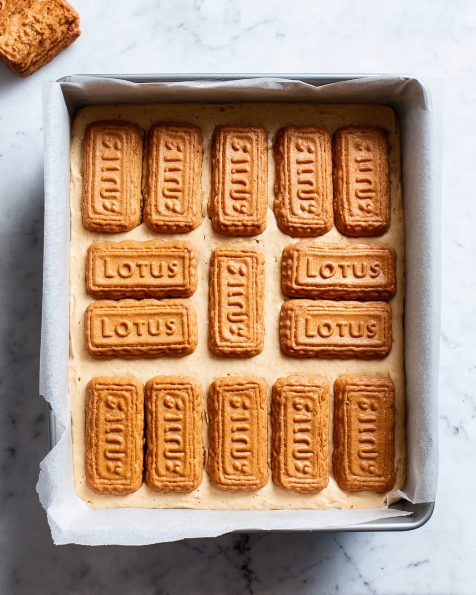 A square baking pan lined with parchment paper holds a dessert with two clear layers: the bottom layer is a light beige batter with a smooth, slightly textured surface, and the top layer consists of twelve evenly spaced rectangular Lotus biscuits, each golden brown with the word