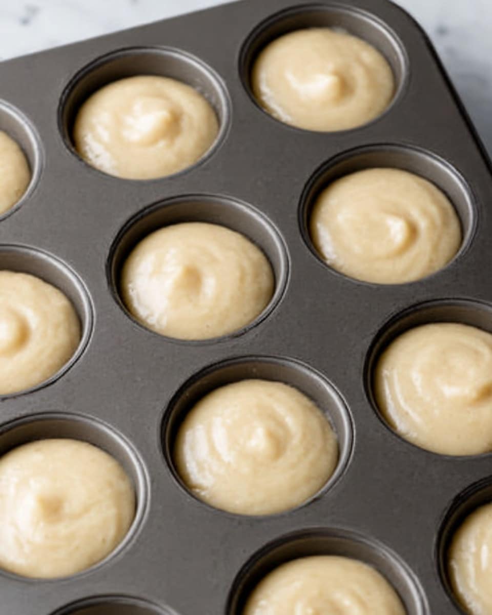 The image shows a close-up of a dark gray muffin tray filled with nine cups of smooth, light beige batter. Each cup is evenly filled just below the edge, with a creamy and slightly glossy texture on top. The batter's surface is smooth with gentle swirls, suggesting it was recently poured or stirred. The tray sits on a white marbled surface. photo taken with an iphone --ar 4:5 --v 7