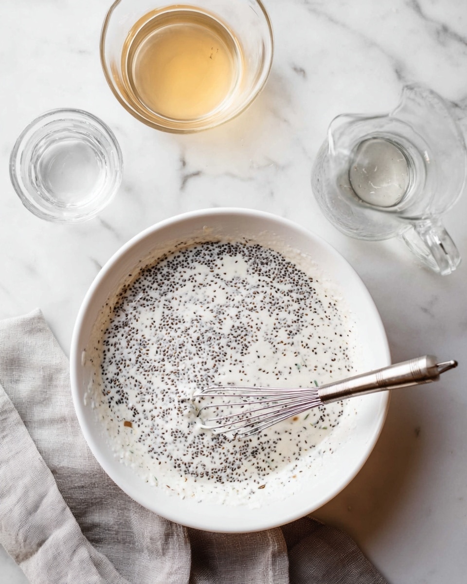 A white bowl filled with a creamy white mixture spotted evenly with small black chia seeds, with a silver whisk resting inside the bowl stirring the mixture; around the bowl on a white marbled surface are a clear glass cup with a light tan liquid, another smaller clear glass cup with some liquid and bits inside, and a clear water carafe. A light gray cloth is placed partially under the bowl. photo taken with an iphone --ar 4:5 --v 7