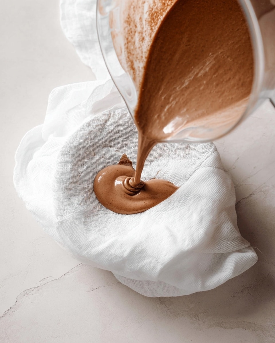 A smooth brown liquid batter is being poured from a clear blender jar onto a round surface covered with white cloth, the batter pooling softly in the center of the cloth. The cloth shows light wrinkles and texture, while the white marbled surface beneath creates a clean and bright background. photo taken with an iphone --ar 4:5 --v 7