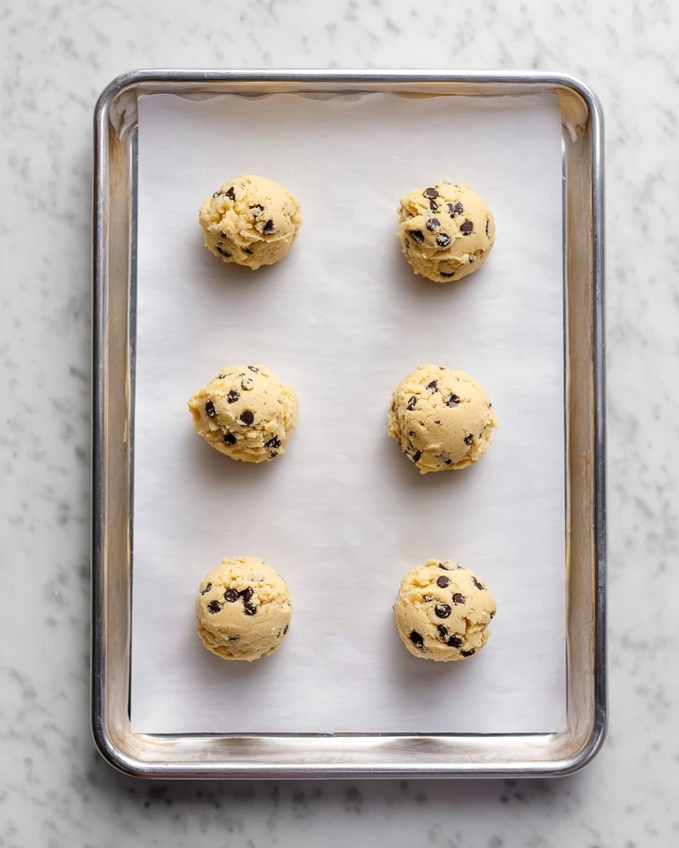 A silver metal baking tray lined with white parchment paper holds six evenly spaced small dollops of pale yellow cookie dough with dark chocolate chips mixed inside. The dough balls are roughly round with a slightly textured surface, arranged in two rows of three on a white marbled texture surface. photo taken with an iphone --ar 4:5 --v 7