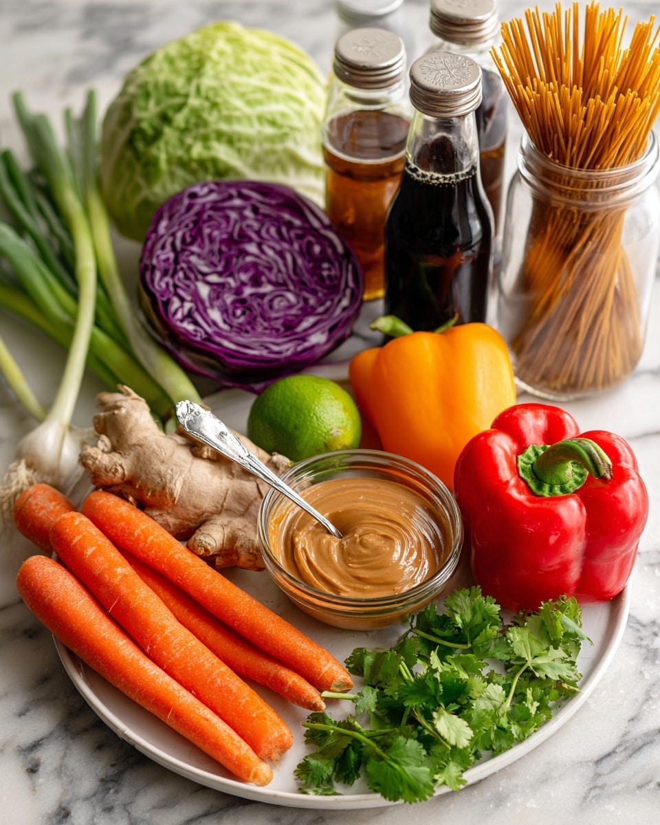 The image shows a white marbled surface covered with fresh ingredients arranged around a white plate. On the plate in the middle, there is a small clear glass bowl with creamy peanut butter and a spoon inside it. Around the plate, starting from the front, there are two bright orange carrots lying side by side, some fresh green cilantro leaves to the right, a large red bell pepper to the left, and some green scallions on the far left. A whole lime and a piece of ginger root rest on the plate near the peanut butter. Behind the plate, there is half a purple cabbage to the left, half a green cabbage in the center, and a clear jar filled with uncooked brown pasta to the right. Bottles of soy sauce, maple syrup, and rice wine vinegar stand at the back, completing the colorful and fresh arrangement. photo taken with an iphone --ar 4:5 --v 7