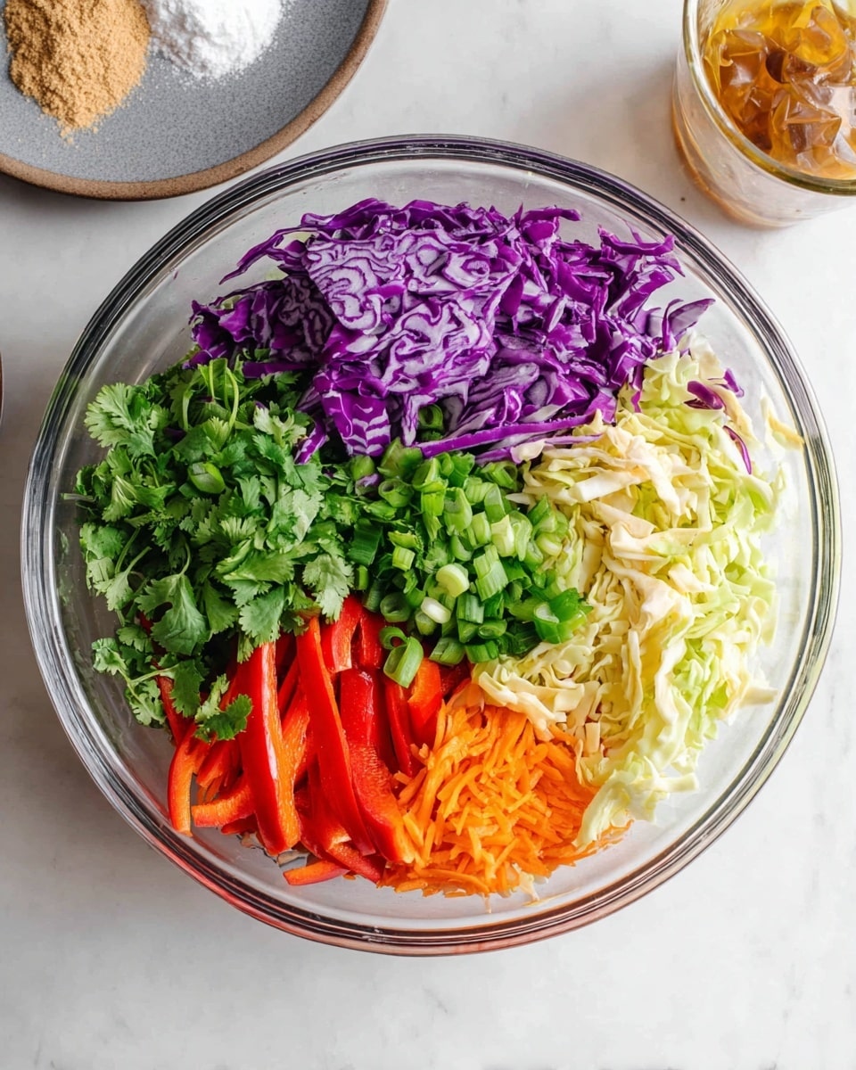 A clear glass bowl on a white marbled surface holds a colorful layered salad. The base is a mix of vibrant purple cabbage and light yellow cabbage on the right side, with chopped green onions in the top right corner. Below the onions, thin red bell pepper strips are placed next to bright orange carrot shreds on the left. A bunch of fresh green cilantro sits at the bottom left, adding texture to the mix. The vegetables are fresh and crisp, laid out in neat sections without mixing. In the background, there is a round gray plate with a light brown powder and a small white pile on it, alongside a glass cup with a golden-brown item inside. photo taken with an iphone --ar 4:5 --v 7
