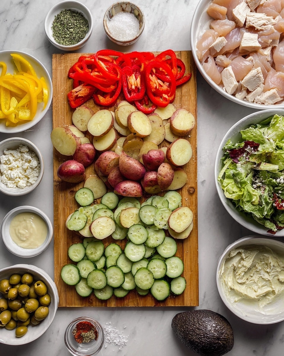 The image shows a white rectangular baking dish filled with sliced cooked chicken. The chicken pieces are arranged to cover most of the dish, sliced into medium-thick strips and seasoned with black pepper and herbs, showing a mix of white and light golden brown colors from cooking. The dish sits on a white marbled surface with small items partially visible around the edges, including a glass jar with a yellow liquid in the top left, a bowl with a light-colored creamy sauce in the top center, and a wooden bowl with crumbly white cheese on the top right. photo taken with an iphone --ar 4:5 --v 7