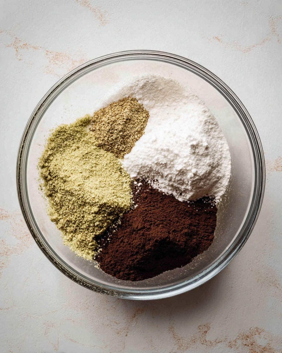 A clear glass bowl sits on a white marbled surface filled with five dry ingredients in separate piles: two piles of light green powder with a coarse texture on the left, two piles of white powdery ingredients at the top and center right, and a large pile of dark brown powder with a fine texture at the bottom right. The ingredients cover the bottom of the bowl unevenly with no mixing visible. Photo taken with an iphone --ar 4:5 --v 7