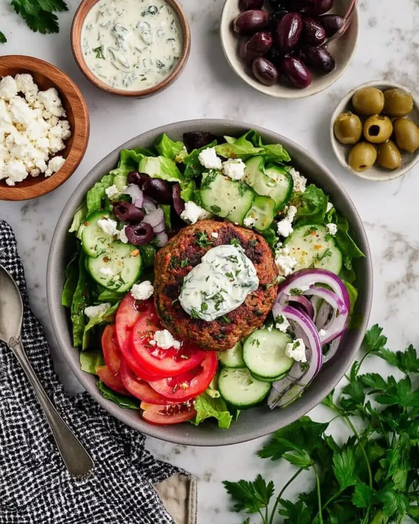 Greek Turkey Burger Bowls with Tzatziki Recipe