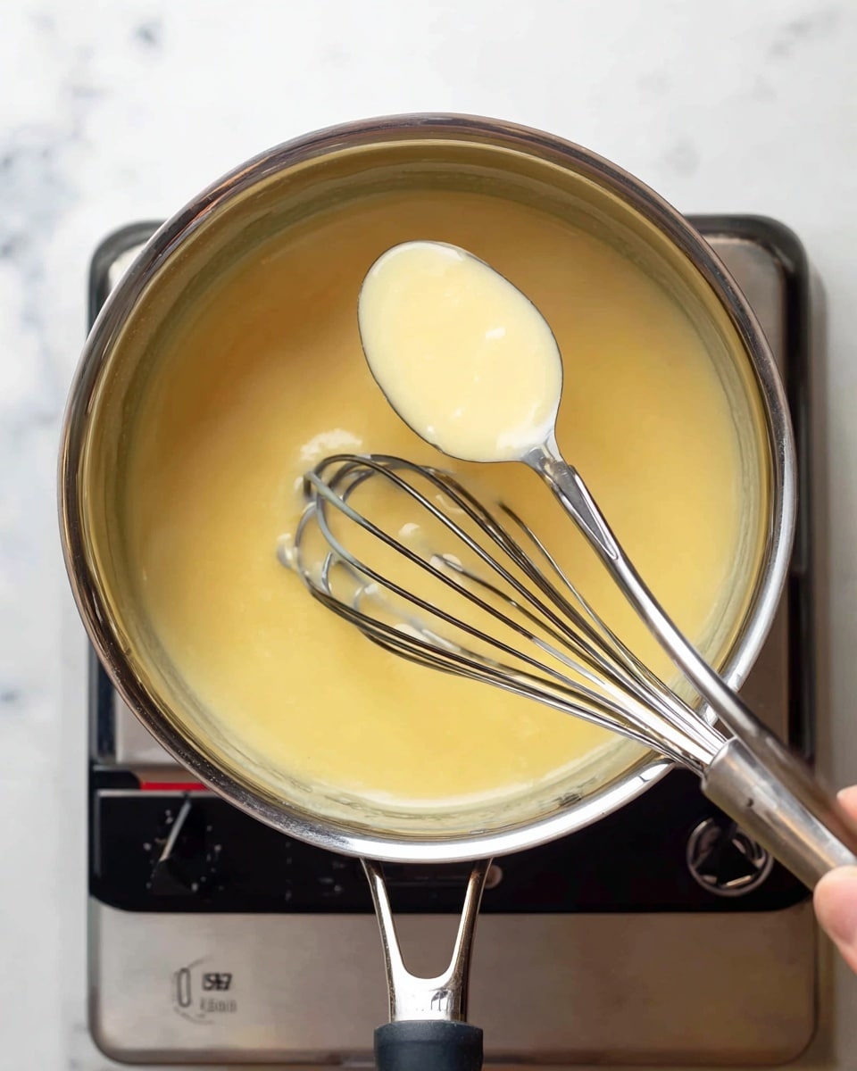 A metal pot sits on a stove with a smooth, creamy pale yellow sauce inside. A black whisk with a silver handle rests in the pot, gently stirring the sauce. Above the pot, a woman's hand holds a silver spoon filled with the same thick, yellow sauce, showing its texture closely. The stove surface and background have been replaced with a white marbled texture. Photo taken with an iphone --ar 4:5 --v 7