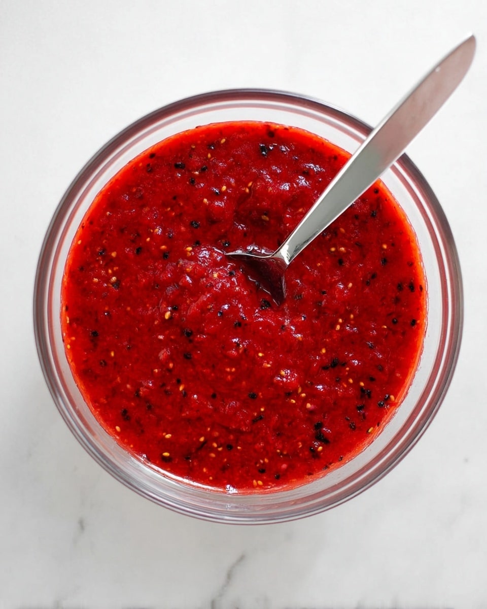 A clear glass bowl filled with a bright red sauce that has small dark bits and seeds spread throughout, giving it a rough texture. The bowl sits on a white marbled surface, and inside it is a long silver spoon resting at an angle, partially covered by the sauce. The sauce layer is smooth but chunky, filling about half of the bowl. Photo taken with an iphone --ar 4:5 --v 7