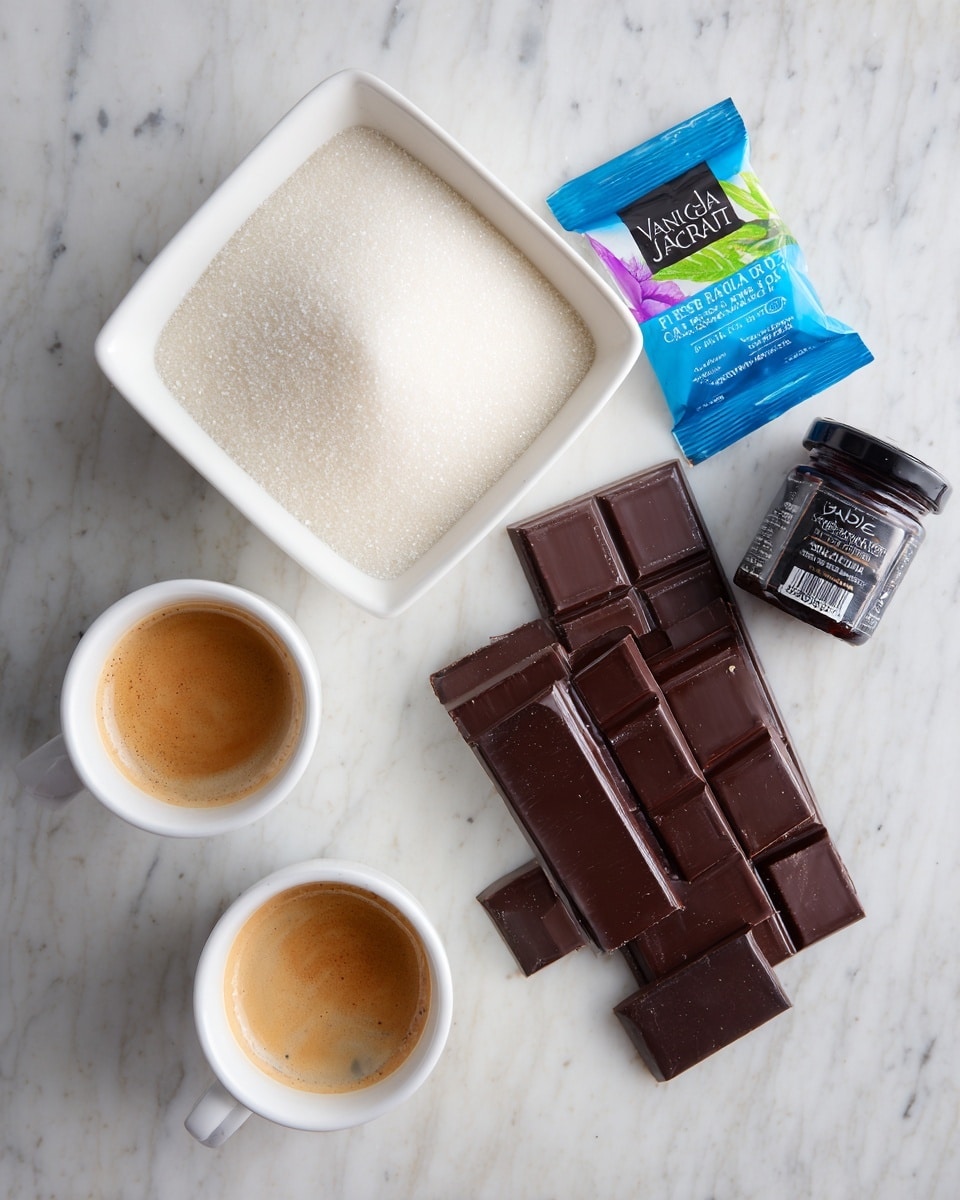 The image shows a white square bowl filled with white sugar placed in the center on a white marbled surface. Above the bowl, there is a bar of dark chocolate with a rich deep brown color and glossy shine, broken into small squares. To the right of the chocolate, there is a small dark brown jar labeled vanilla bean paste with a black lid. Next to the jar, a blue and purple packet of leaf gelatine is placed, showing bright colored text and images of the gelatine leaves. On the left side of the bowl, two white cups sit side by side on the white marbled surface: the top one contains a light brown espresso coffee with a crema layer, and the bottom one is filled with double cream (heavy cream) that is pale yellow and smooth. photo taken with an iphone --ar 4:5 --v 7