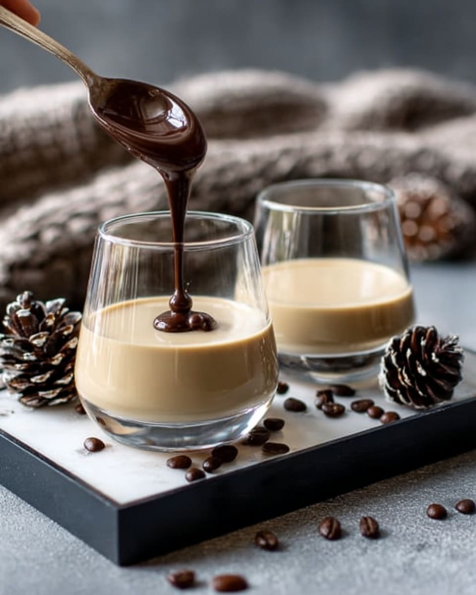 Two short, clear glasses sit on a shiny black rectangular tray placed on a white marbled surface. Each glass contains a smooth, creamy light beige liquid filling about three-quarters of the glass. Above the front glass, a spoon held by a woman's hand drizzles thick, rich, dark chocolate sauce down into the drink. Around the tray and on the surface, there are scattered dark roasted coffee beans. In the background, pine cones and a soft, blurred knitted fabric add a cozy feel to the scene. Photo taken with an iphone --ar 4:5 --v 7