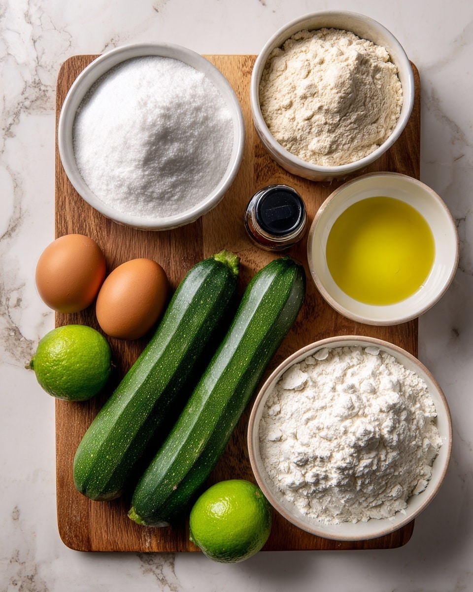 The image shows a wooden board with neatly arranged ingredients for baking. There is a white bowl filled with white powdered icing sugar on the top left. Below it is another white bowl with light brown sugar. Near the center are two dark green courgettes placed side by side. To their right, two brown eggs sit next to each other, with a small black bottle of vanilla bean paste between the courgettes and icing sugar. Above the eggs are two bright green limes. A small white bowl filled with light yellow vegetable oil is placed near the limes. On the bottom right, there is a white bowl containing plain white flour topped with white baking powder and bicarbonate of soda. The whole scene is set on a white marbled surface. photo taken with an iphone --ar 4:5 --v 7