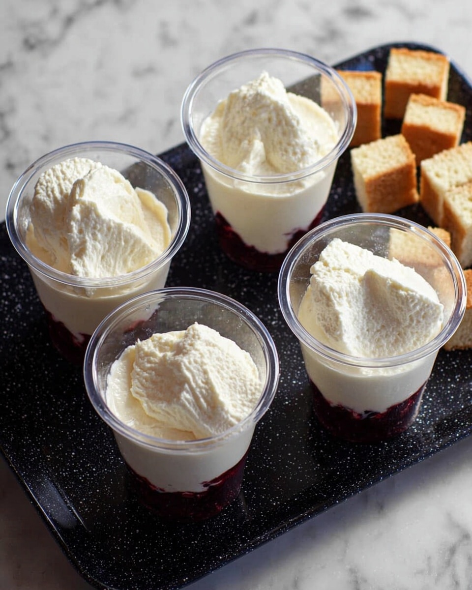 The image shows four transparent cups on a black speckled tray, each filled with two layers: a bottom layer of dark red, likely berry or fruit compote, and a thick smooth white cream layer on top. The cream has a textured, soft look with small peaks and swirls. To the right side of the tray, there are small, light tan cake cubes with a slightly browned edge. The surface under the tray is a white marbled texture. photo taken with an iphone --ar 4:5 --v 7