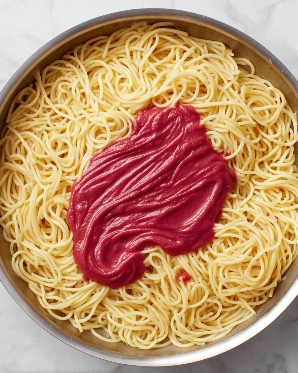 A silver pan filled with a large layer of cooked light yellow spaghetti noodles that are thin and gently curled. On top, mostly centered but slightly to the lower left, there is a thick, smooth sauce layer in a bright reddish-purple color, covering part of the noodles. The pan is set on a white marbled surface. photo taken with an iphone --ar 4:5 --v 7