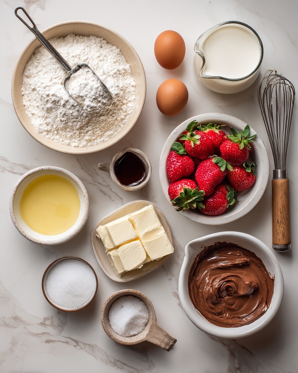 The image shows ingredients for baking arranged neatly on a white marbled surface. In the center, there is a beige bowl filled with white flour with a metal scoop resting inside. Above it, a white bowl holds two brown eggs and a small cup of dark brown vanilla extract. To the right, a glass jug is filled with white milk, and beside it is a white bowl with fresh red strawberries, some whole and one halved. Below the flour bowl, there is a small glass bowl with white baking powder and a white measuring cup filled with creamy brown Nutella. On the left, a small white bowl contains melted yellow butter, and a tiny clear bowl holds salt. A whisk with a wooden handle lies to the right of the strawberries. Photo taken with an iphone --ar 4:5 --v 7