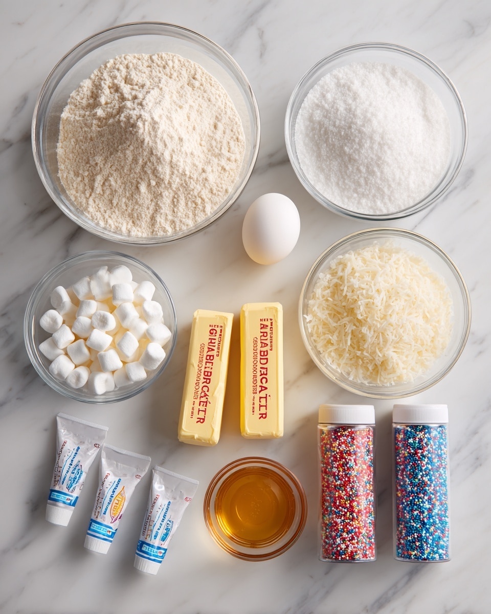 A top view of various baking ingredients placed on a white marbled surface, including a large clear glass bowl filled with pale flour at the top left, a white egg in the center next to two yellow sticks of butter labeled