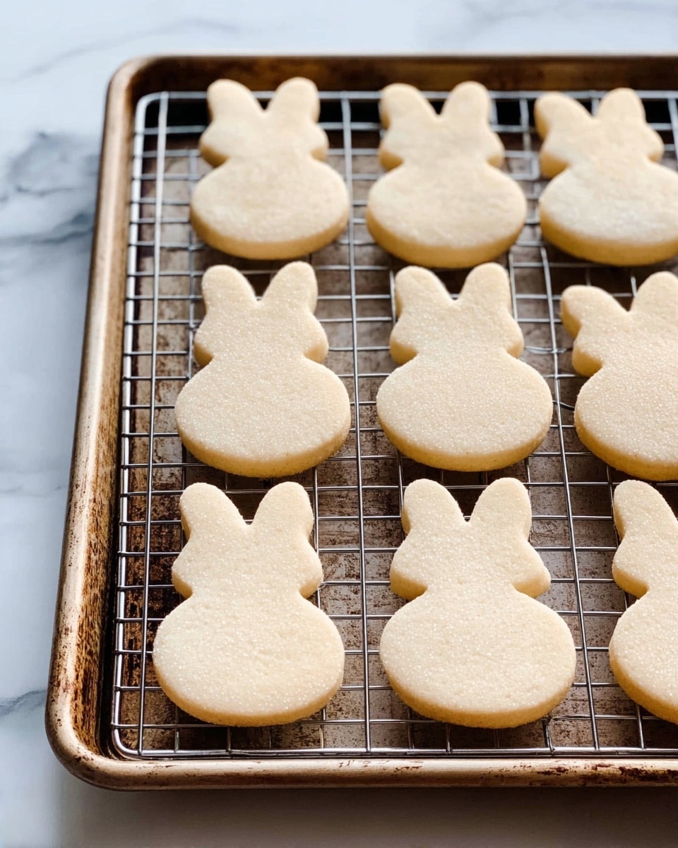 The image shows a metal cooling rack filled with pale, smooth sugar cookies shaped like bunnies. There are two main parts in each cookie: a round lower body and an upper head with two long ears. The cookies have a light beige color with a soft texture and no decoration on them. The rack sits on a baking tray with a slightly worn edge, placed on a surface with white marbled texture. The close-up view captures the cookies in a casual, home-baked setting. photo taken with an iphone --ar 4:5 --v 7