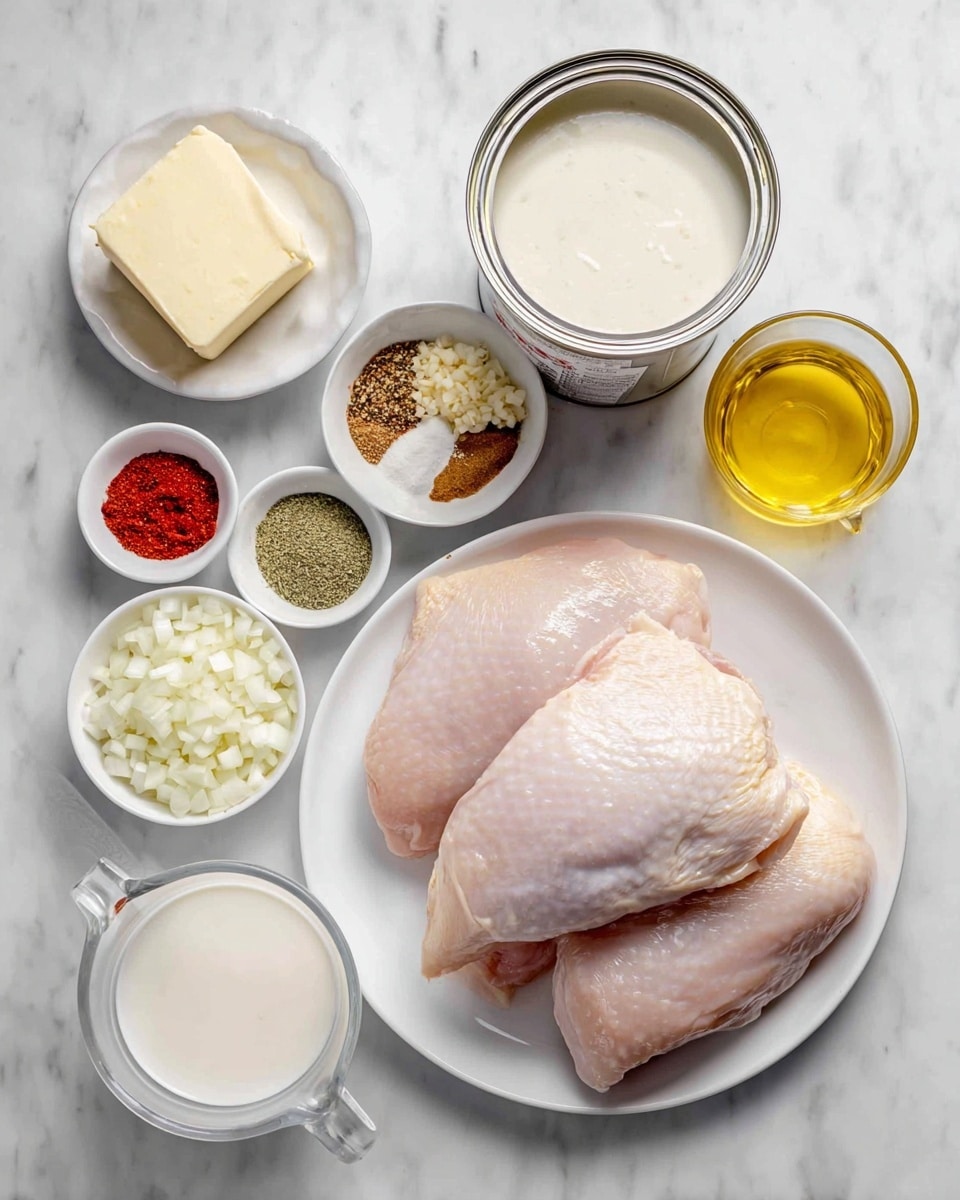 The image shows several ingredients arranged neatly on a white marbled surface. At the bottom right, three large raw chicken portions with a pale pink color sit stacked on a white plate. Above the chicken, there is an opened can filled with thick white sauce. To the left of the can, a small white bowl holds a mix of spices in separate piles colored green, red, beige, and brown. Above that bowl, another small white bowl is filled with finely chopped garlic, pale yellow in color. To the left of the garlic, a white bowl contains diced white onions. Next to the onions, a white bowl holds a square slice of pale yellow butter. Below the bowls and slightly to the left, a clear measuring cup contains light-colored milk or cream. Finally, to the right of the garlic bowl, a third small white bowl has a golden yellow liquid, likely oil. Everything is arranged carefully for a clear view of the ingredients photo taken with an iphone --ar 4:5 --v 7