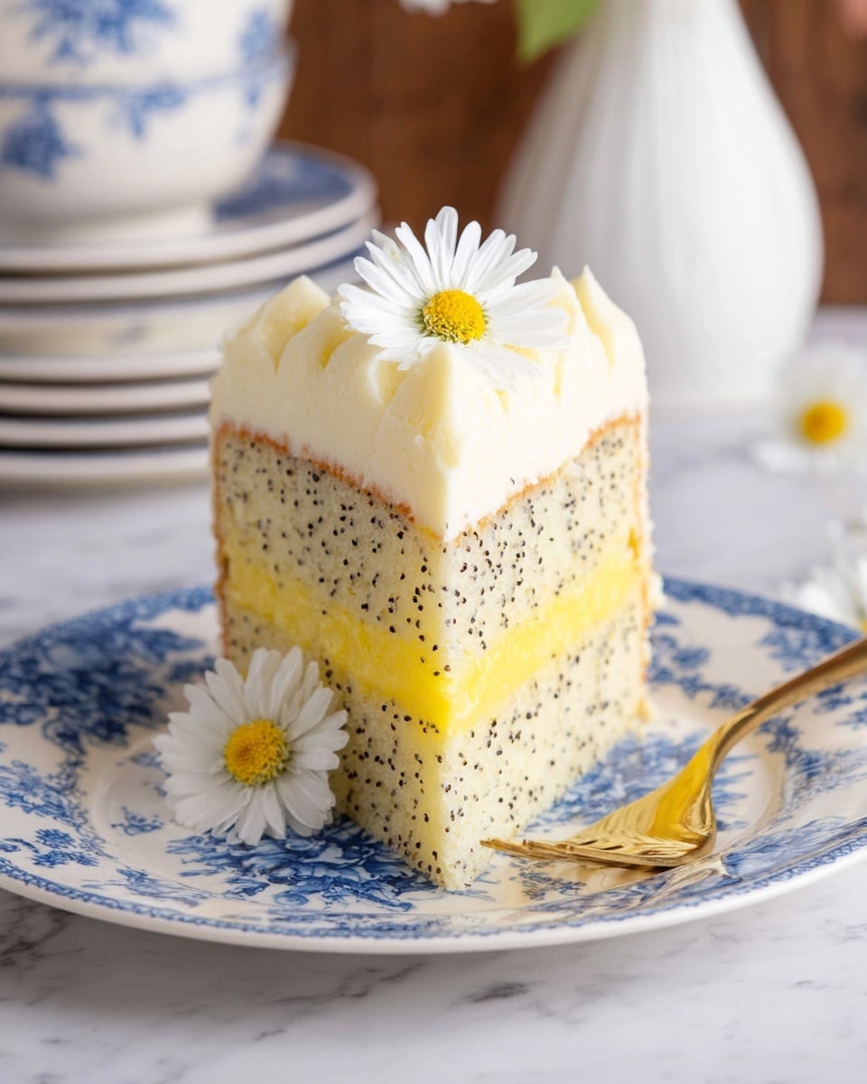 A square slice of cake sits on a white plate with blue floral patterns, placed on a white marbled surface. The cake has three layers: a bottom layer of pale poppy seed cake with tiny black seeds, a thin middle layer of bright yellow filling, and a thick top layer of creamy white frosting. On top of the frosting, there are three small white daisies with yellow centers placed as decoration. Next to the plate, there is a gold fork partially visible. In the background, a stack of white plates with blue floral patterns and a white vase can be seen out of focus. Photo taken with an iphone --ar 4:5 --v 7